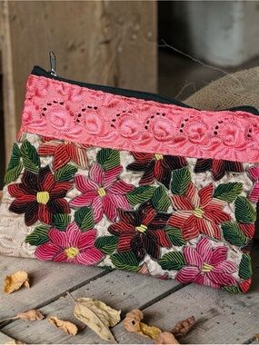 Embroidered Floral Zip Pouch - Pink Multicolor